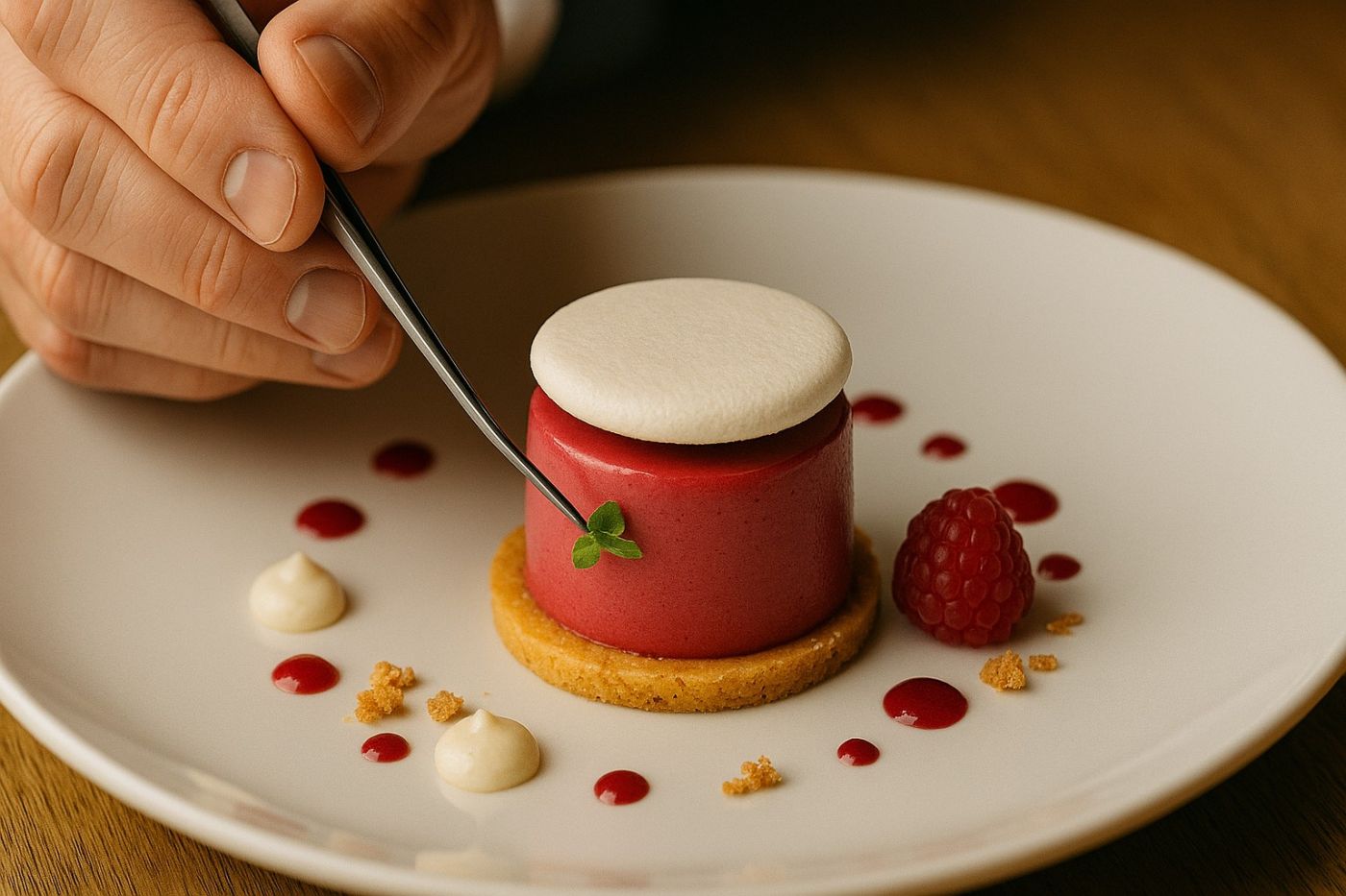 Dessert raffinato con mousse rosso lampone decorata con biscotto e frutti rossi, simbolo di alta cucina.