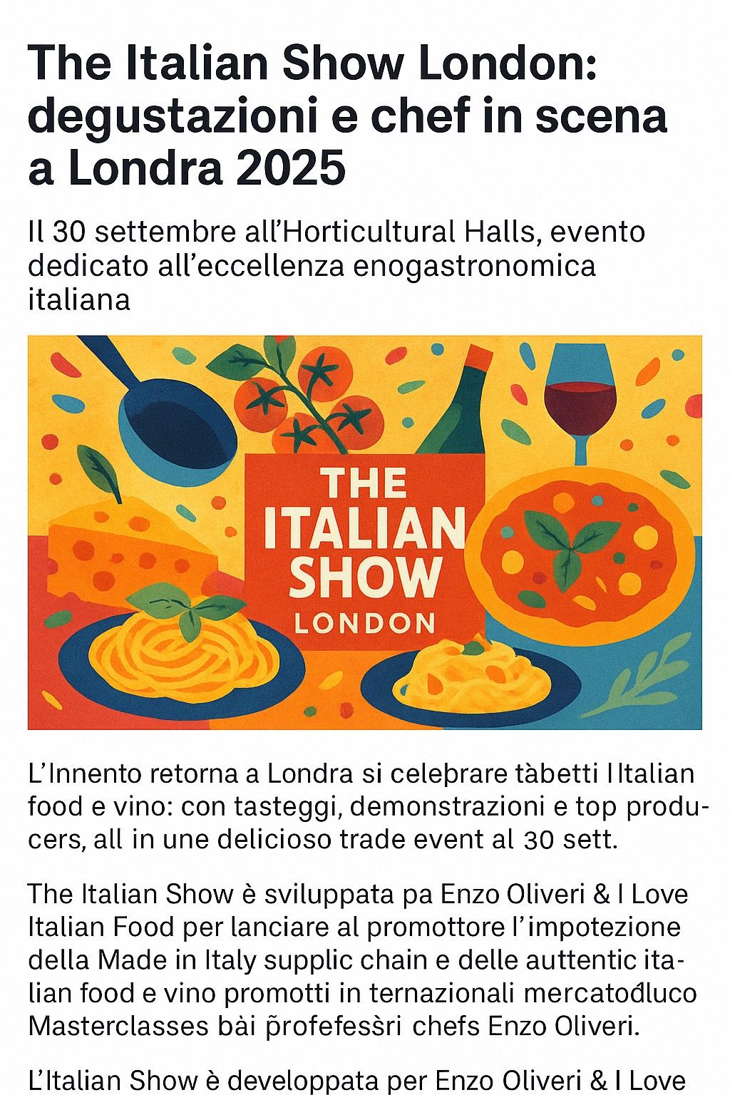 Persone e stand gastronomici al The Italian Show, con espositori e visitatori che degustano prodotti italiani