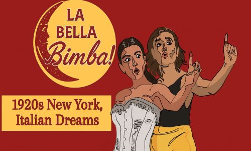 Illustrazione del cabaret La Bella Bimba con due protagoniste e una grande luna su sfondo rosso.