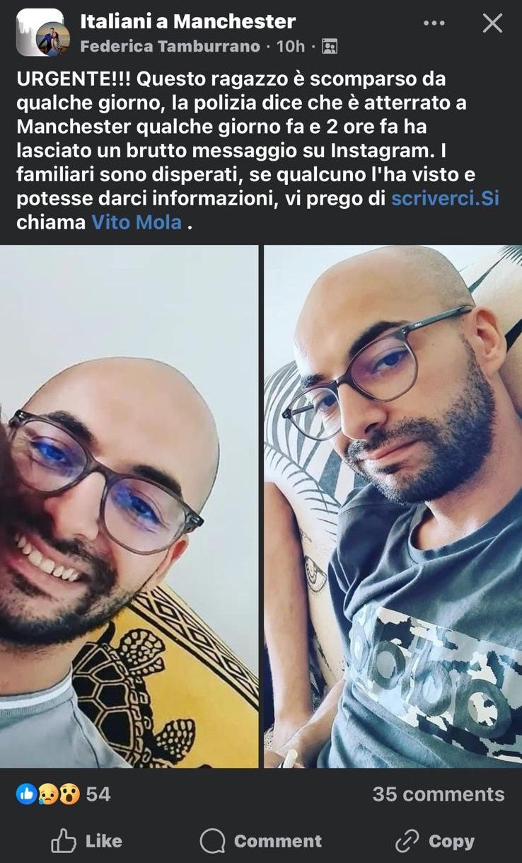 appello per vito mola scomparso a manchester