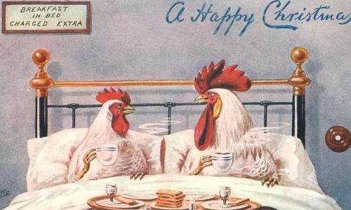 biglietto di auguri di epoca vittoriana con gallo e gallina che fanno colazione