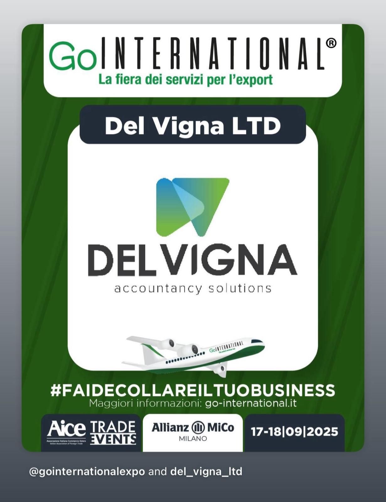 Insegna di Del Vigna LTD per Go International 2025, con slogan e aereo verde