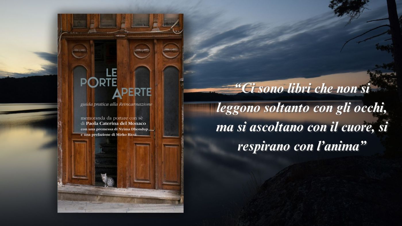 Grafica promozionale con copertina del libro e citazione su sfondo di lago al tramonto