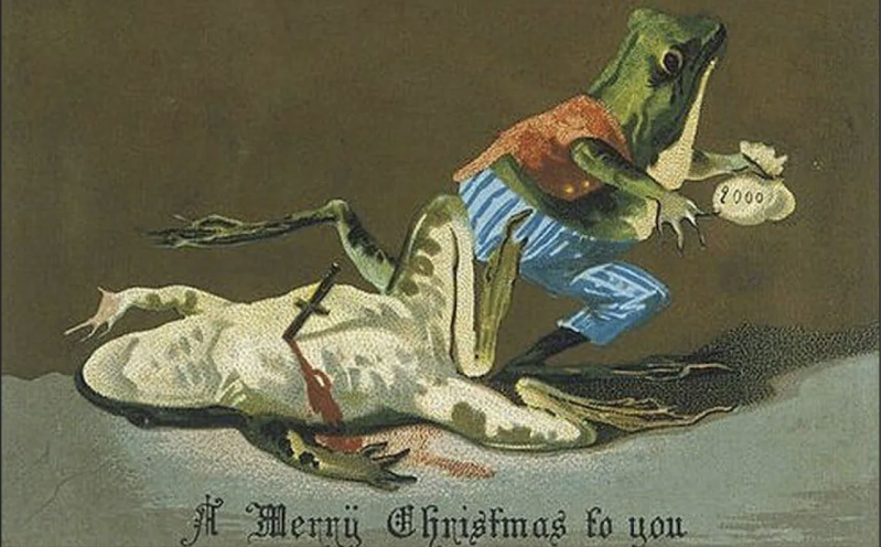 biglietto con rana uccisa da un'altra rana