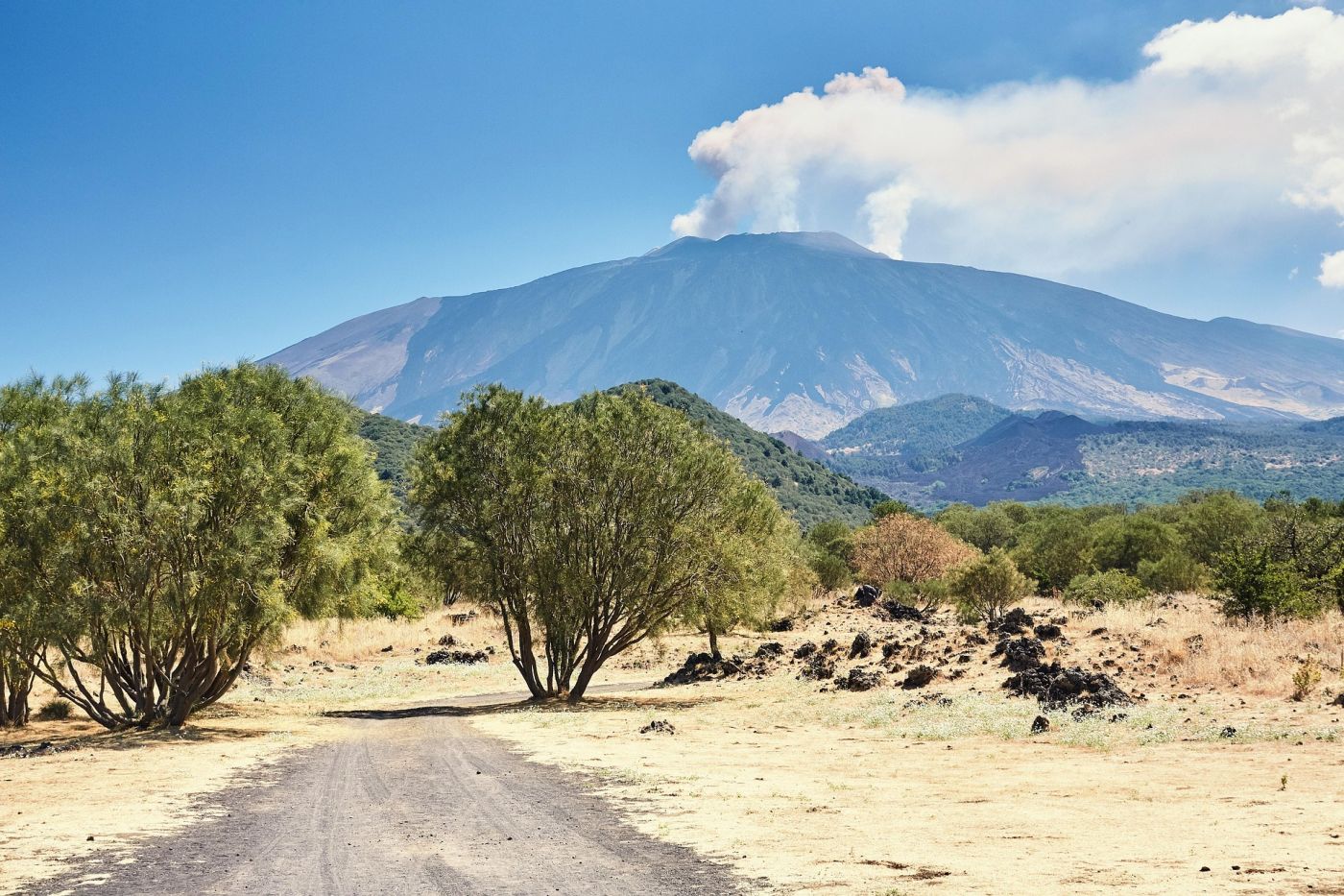 Paesaggio di campagna ai piedi dell’Etna con un sentiero che conduce verso il vulcano, da cui si alza una colonna di fumo