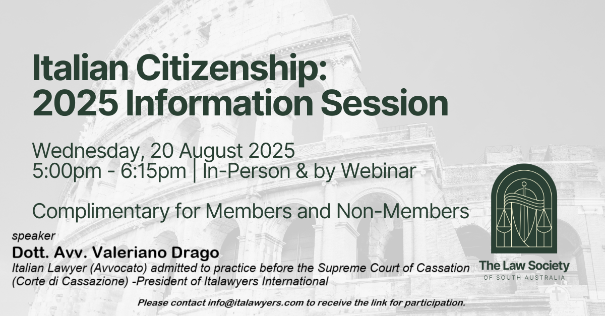 Locandina del webinar sulle nuove regole per la cittadinanza italiana organizzato dalla Law Society of South Australia con Italawyers, con data e orario indicati.