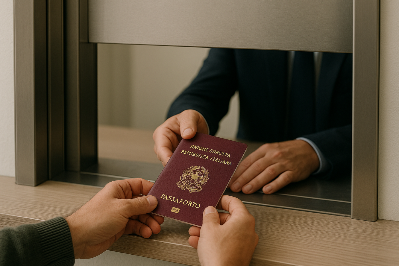 Consegna di un passaporto italiano allo sportello del consolato, simbolo dei nuovi appuntamenti per impronte a Londra