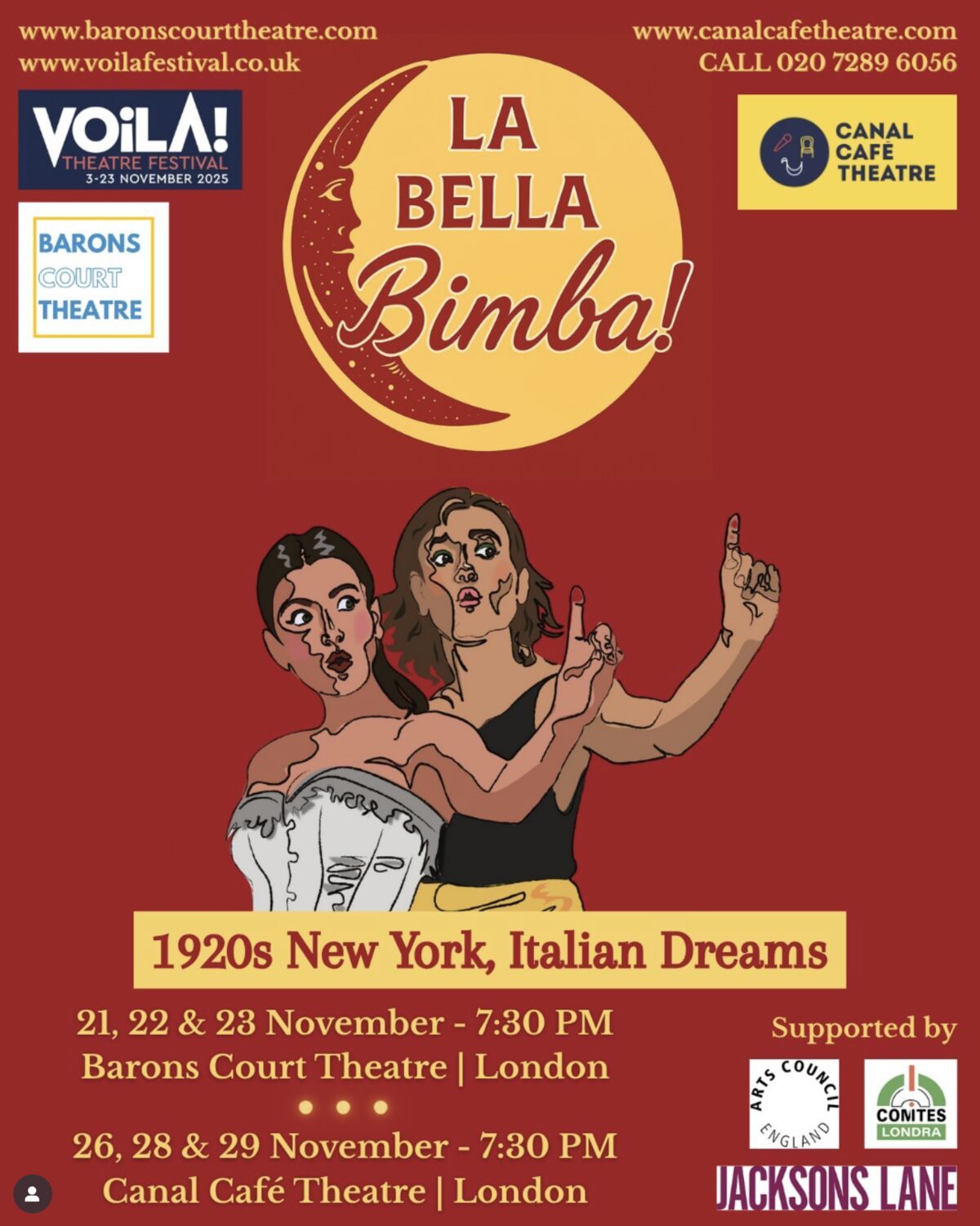 Poster di La Bella Bimba con due donne stilizzate, una grande luna e le date degli spettacoli