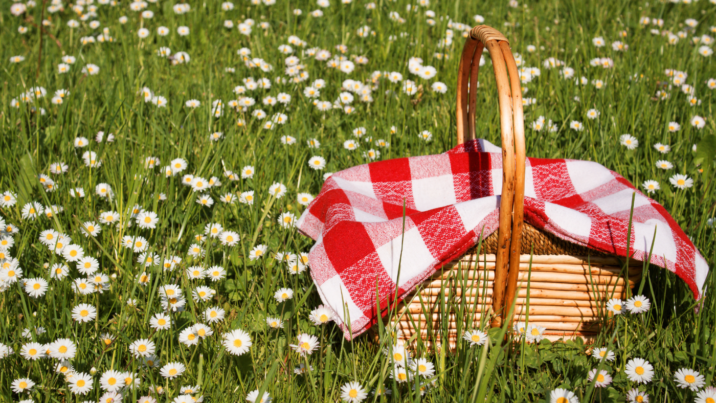 Cestino da picnic con tovaglia a quadretti rossi su prato fiorito, simbolo del Ferragosto italiano a Londra