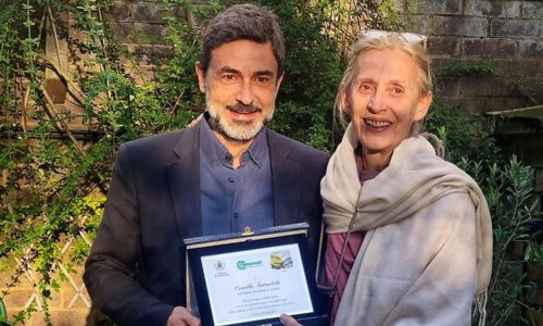 il direttore artistico di cesenaticonoir Stefano tura e la direttrice dell'Italia bookshop Ornella tarantola