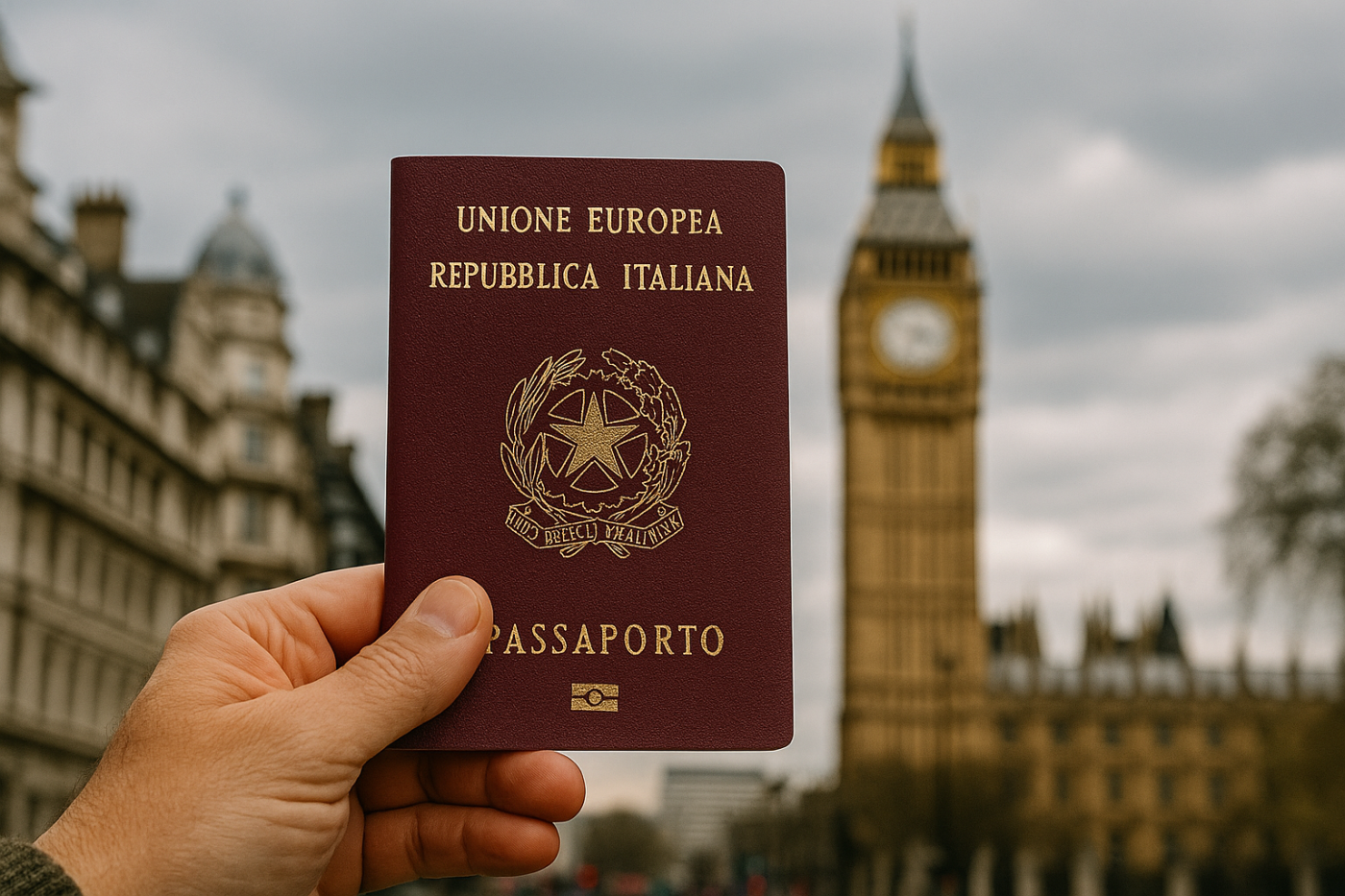 Passaporto italiano davanti al Big Ben a Londra, simbolo della raccolta impronte per passaporti