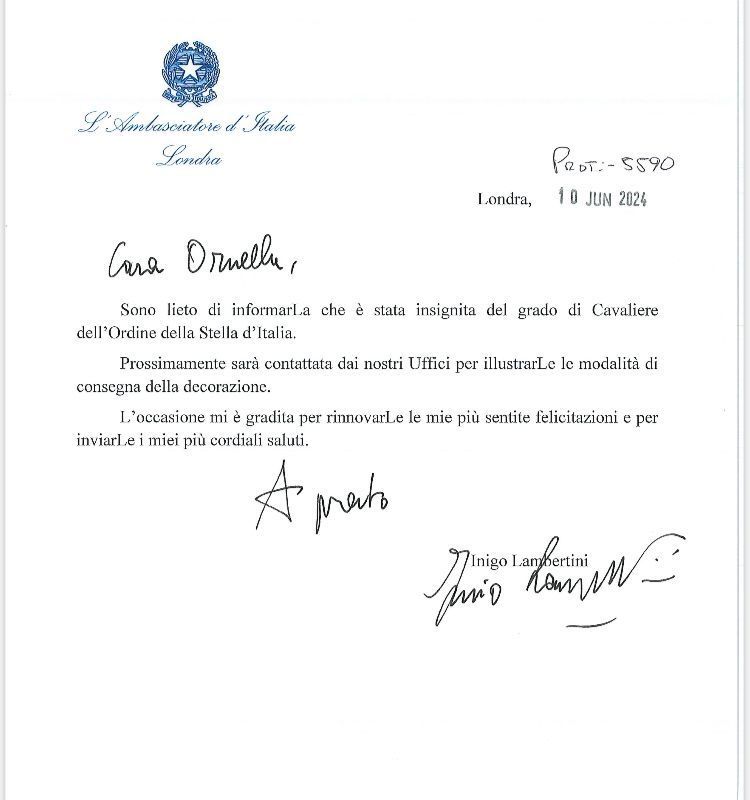 lettera ambasciatore a Ornella Tarantola