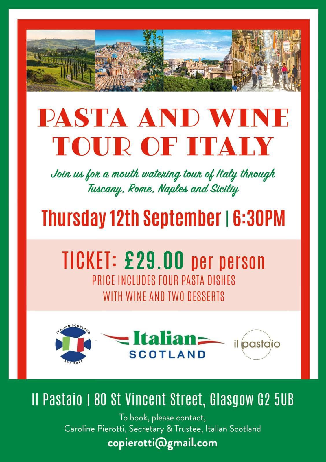 locandina del pasta and wine tour of italy di glasgow