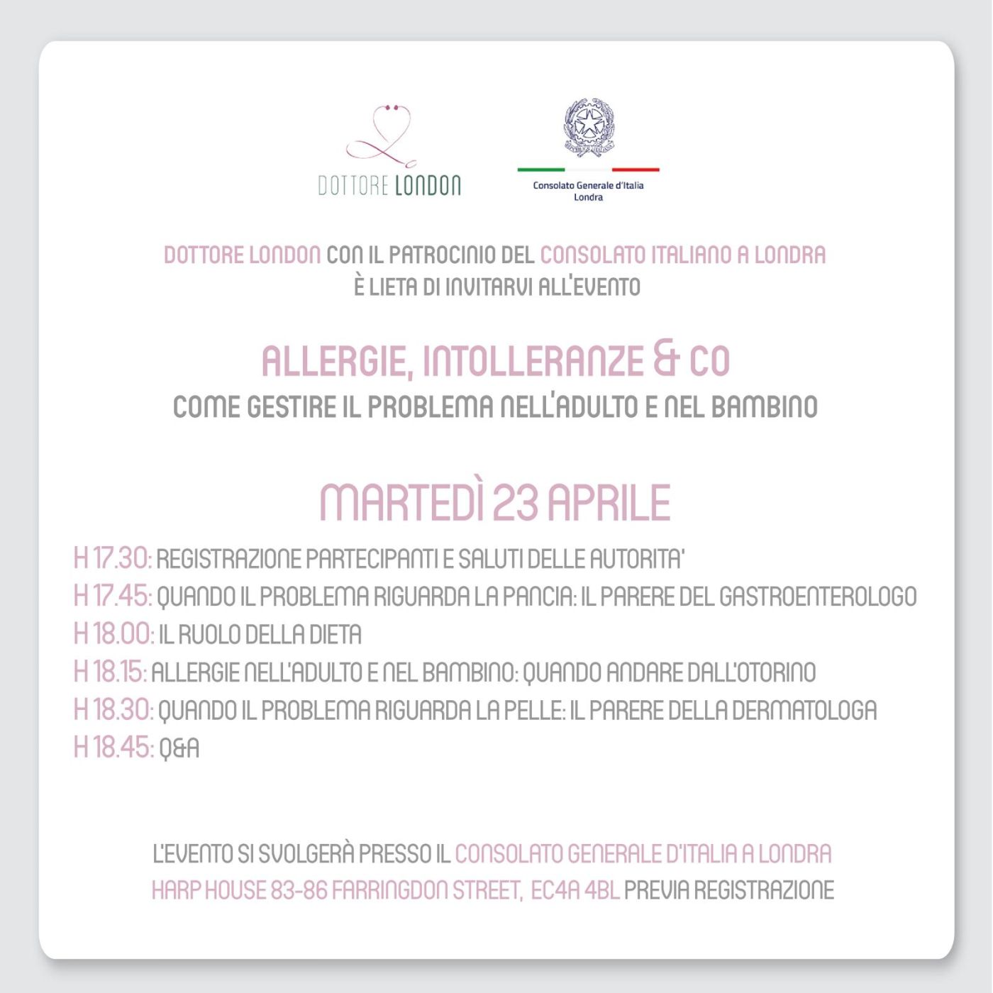 locandina evento dottore London su intolleranze e allergie