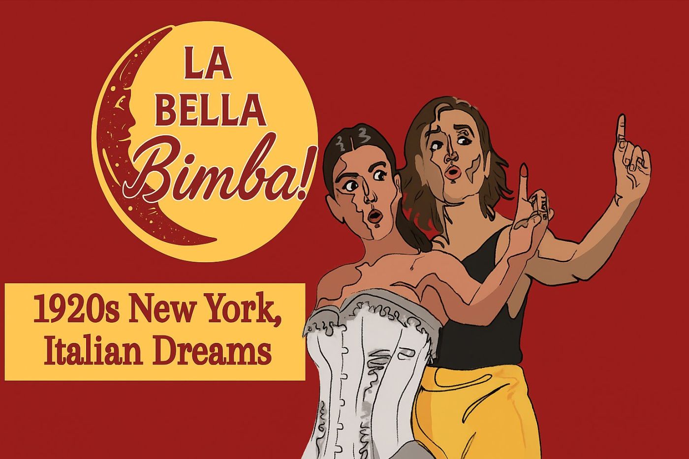 Illustrazione del cabaret La Bella Bimba con due protagoniste e una grande luna su sfondo rosso.