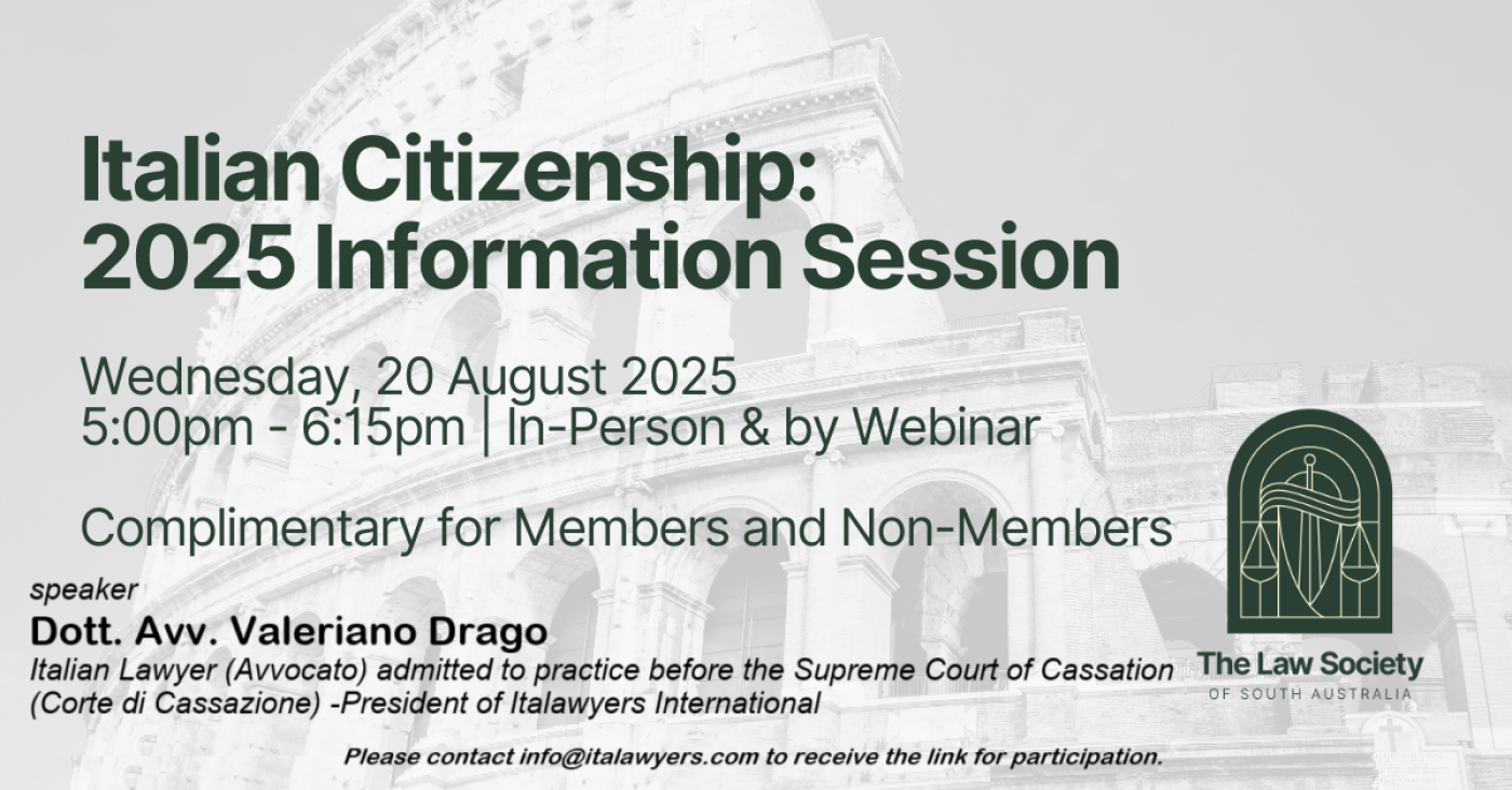 Locandina del webinar sulle nuove regole per la cittadinanza italiana organizzato dalla Law Society of South Australia con Italawyers, con data e orario indicati.