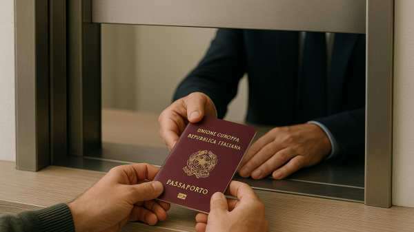 Consegna di un passaporto italiano allo sportello del consolato, simbolo dei nuovi appuntamenti per impronte a Londra