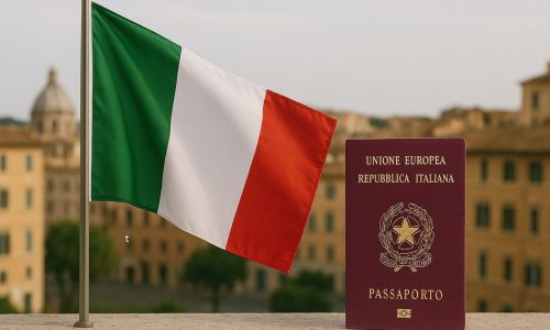 Bandiera italiana e passaporto su sfondo urbano, simbolo della cittadinanza italiana e del webinar Italawyers sulla riforma del 2025
