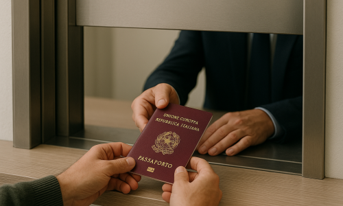Consegna di un passaporto italiano allo sportello del consolato, simbolo dei nuovi appuntamenti per impronte a Londra