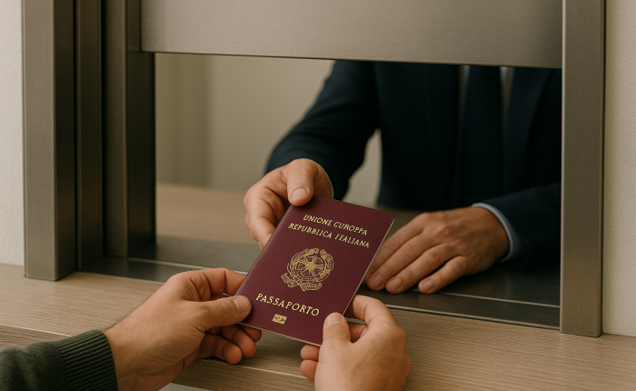 Consegna di un passaporto italiano allo sportello del consolato, simbolo dei nuovi appuntamenti per impronte a Londra