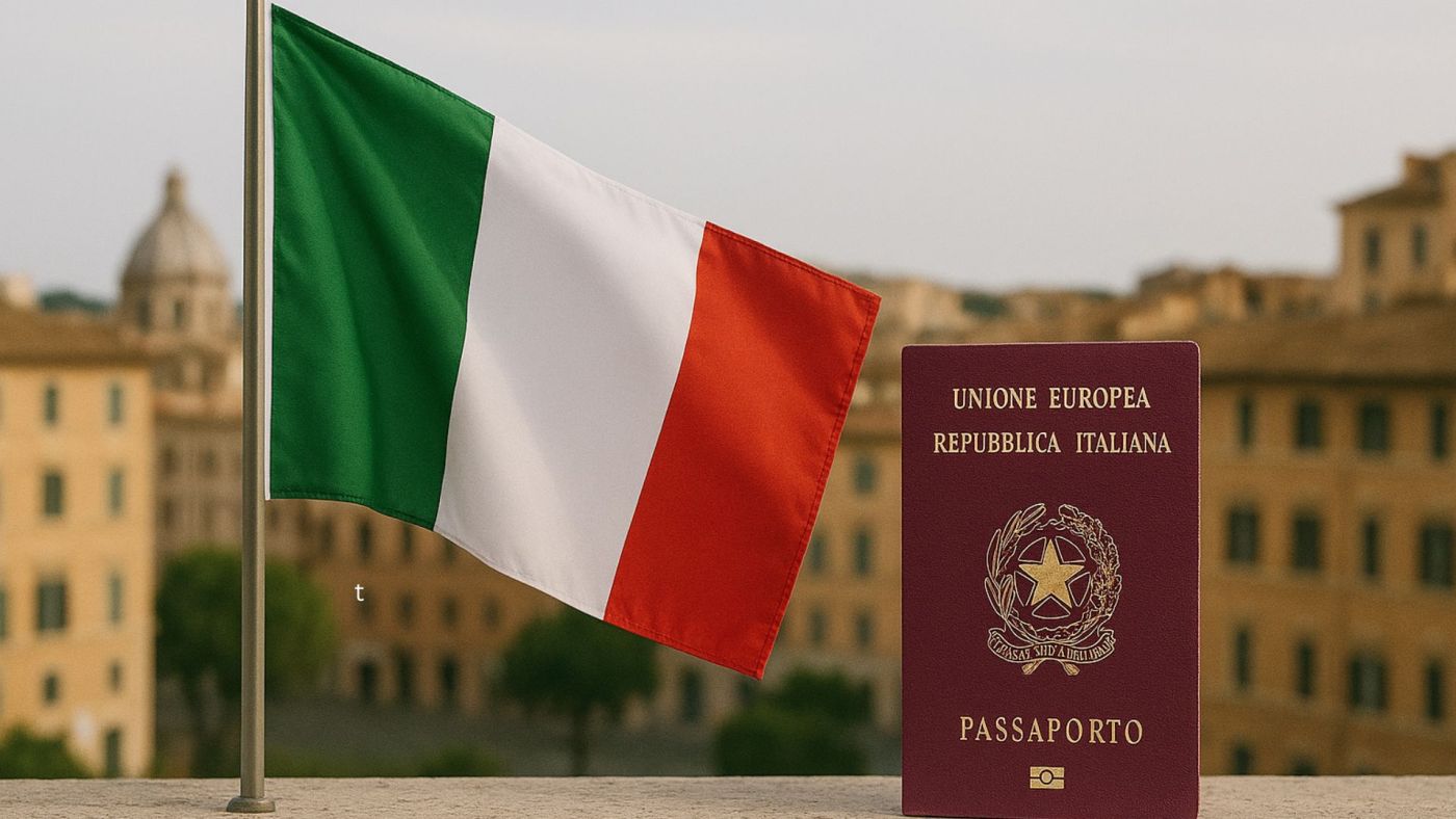 Bandiera italiana e passaporto su sfondo urbano, simbolo della cittadinanza italiana e del webinar Italawyers sulla riforma del 2025