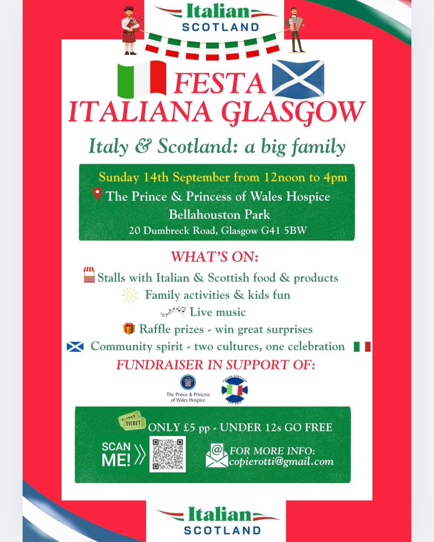 Locandina della Festa Italiana a Glasgow con dettagli su data, orari, luogo e programma